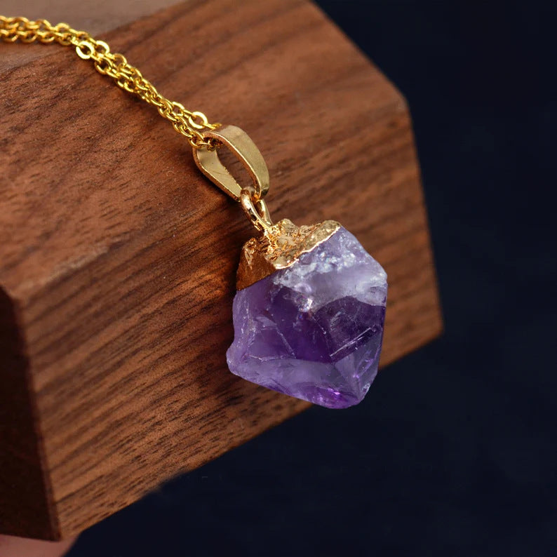 Raw Amethyst Crystal Pendant Necklace for Healing and Spiritual Awakening with Gold Accents