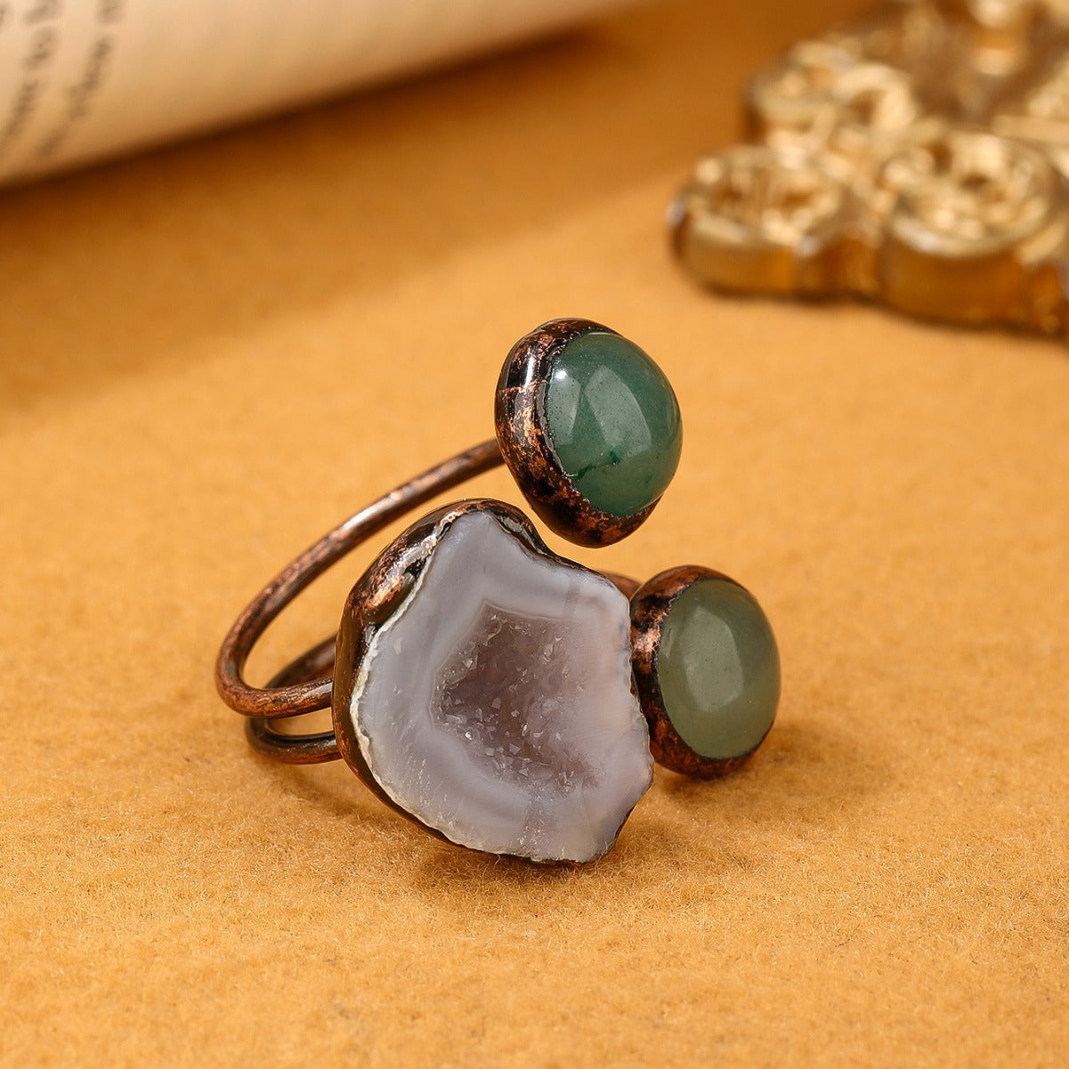 Triple Gemstone Green Aventurine and Agate Druzy Ring with Copper Band for Prosperity, Healing, and Spiritual Balance