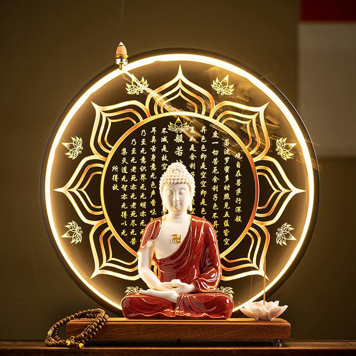 Enlightened Buddha Meditation Incense Burner with Illuminated Mantra Halo and Lotus Holder