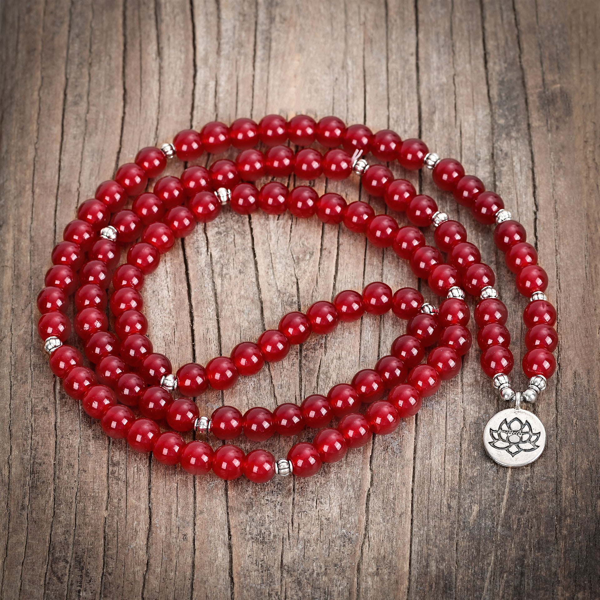 Red Agate Lotus Charm Mala Necklace for Meditation and Spiritual Healing