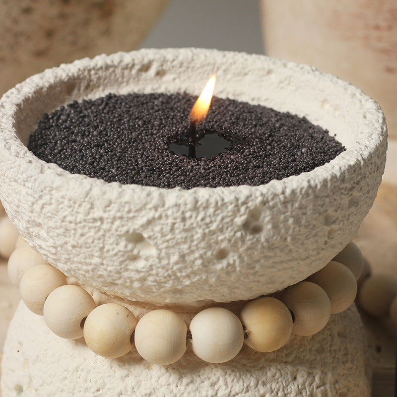 Rustic Textured Candle Bowl with Natural Wood Beads - Handcrafted Spiritual Decor