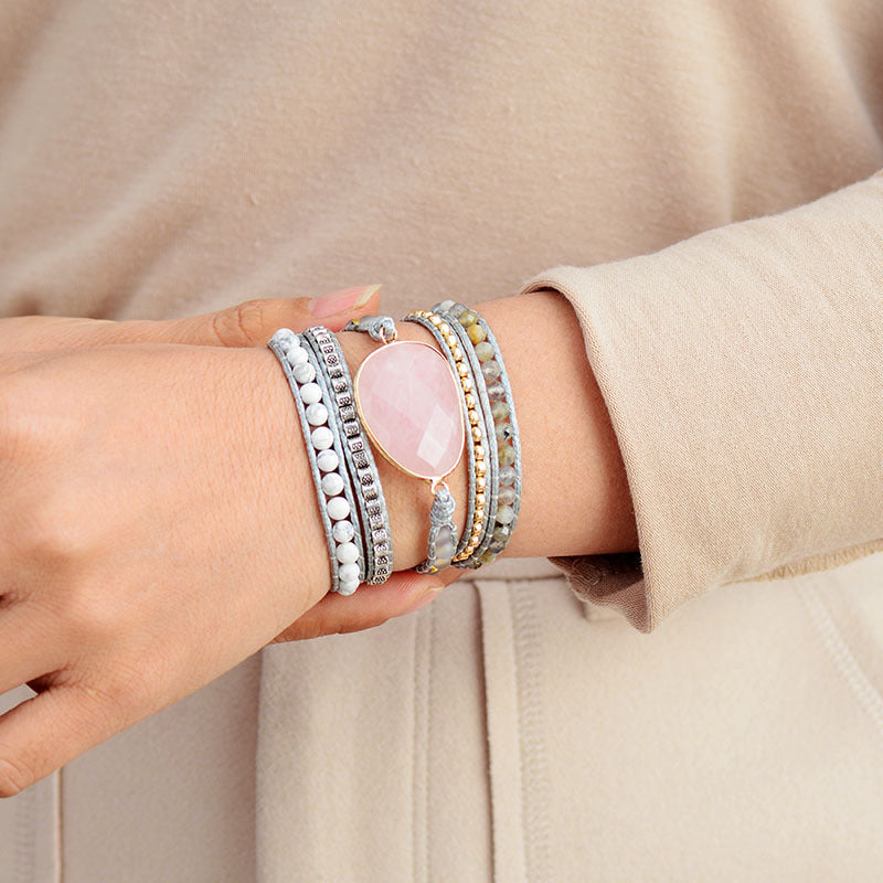 Rose Quartz and Gray Agate Wrap Bracelet for Love, Healing, and Inner Peace