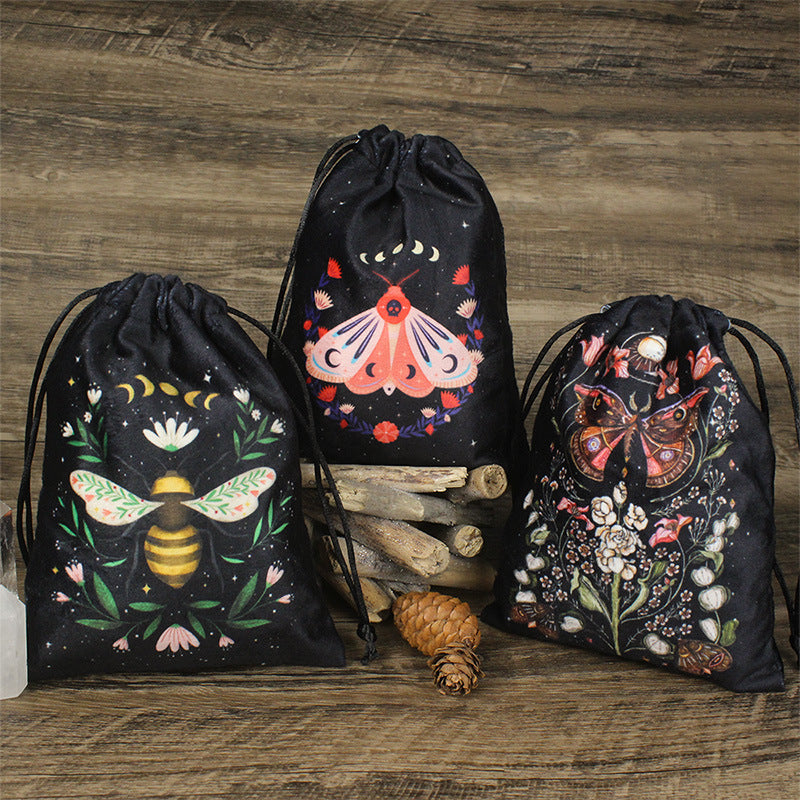 Mystical Moth and Moon Velvet Drawstring Pouches for Tarot Cards, Crystals, and Spiritual Essentials - Celestial and Nature-Inspired Designs