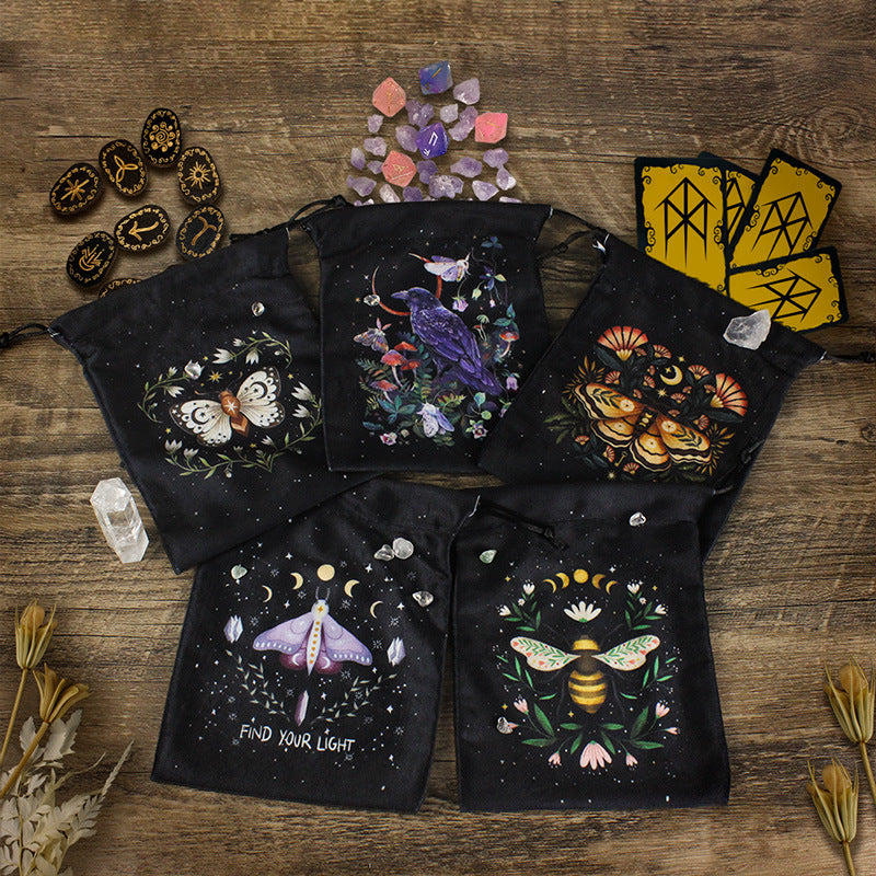 Mystical Moth and Moon Velvet Drawstring Pouches for Tarot Cards, Crystals, and Spiritual Essentials - Celestial and Nature-Inspired Designs