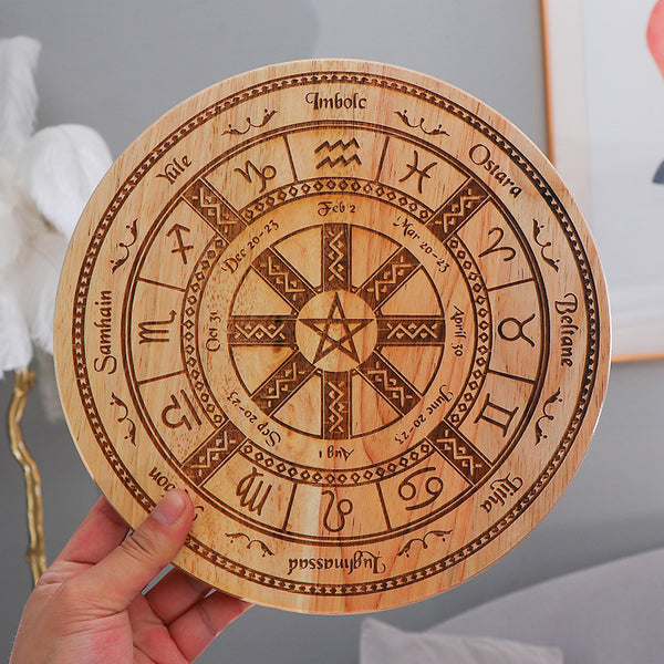 Handcrafted Wooden Zodiac and Wheel of the Year Altar Plate – Engraved Pentagram, Moon Phases, and Astrological Symbols for Spiritual Rituals, Divination, and Decorative Display