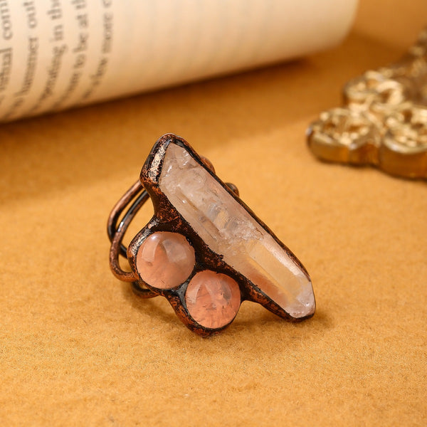 Raw Quartz and Rose Quartz Crystal Healing Copper Ring – Spiritual Energy Jewelry