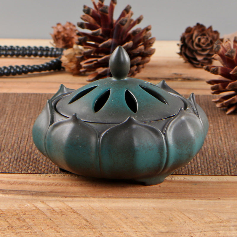 Lotus Flower Ceramic Incense Burner with Coil Holder - Spiritual Meditation Incense Holder