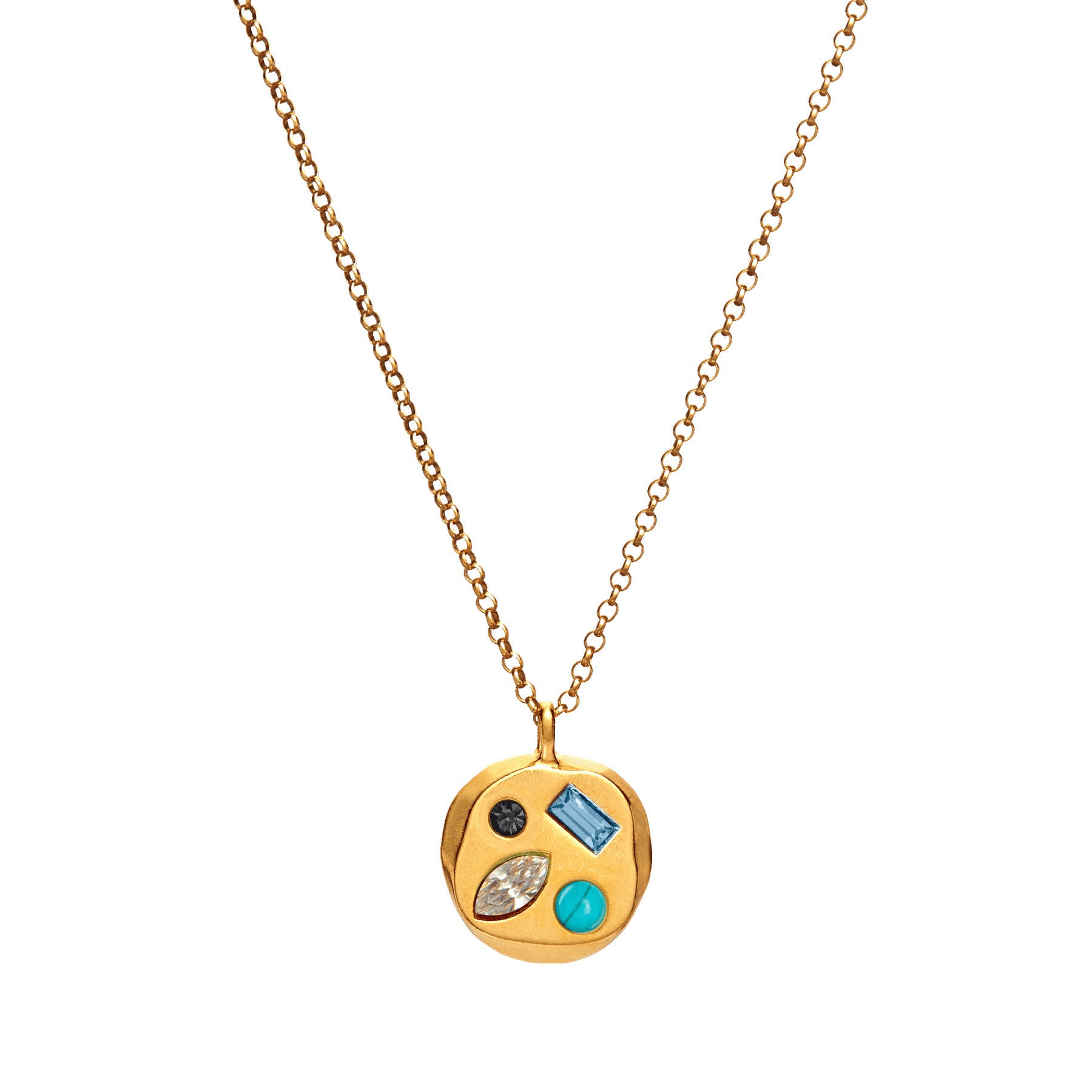 Elegant Gold Charm Necklace with Multicolored Gemstone Details