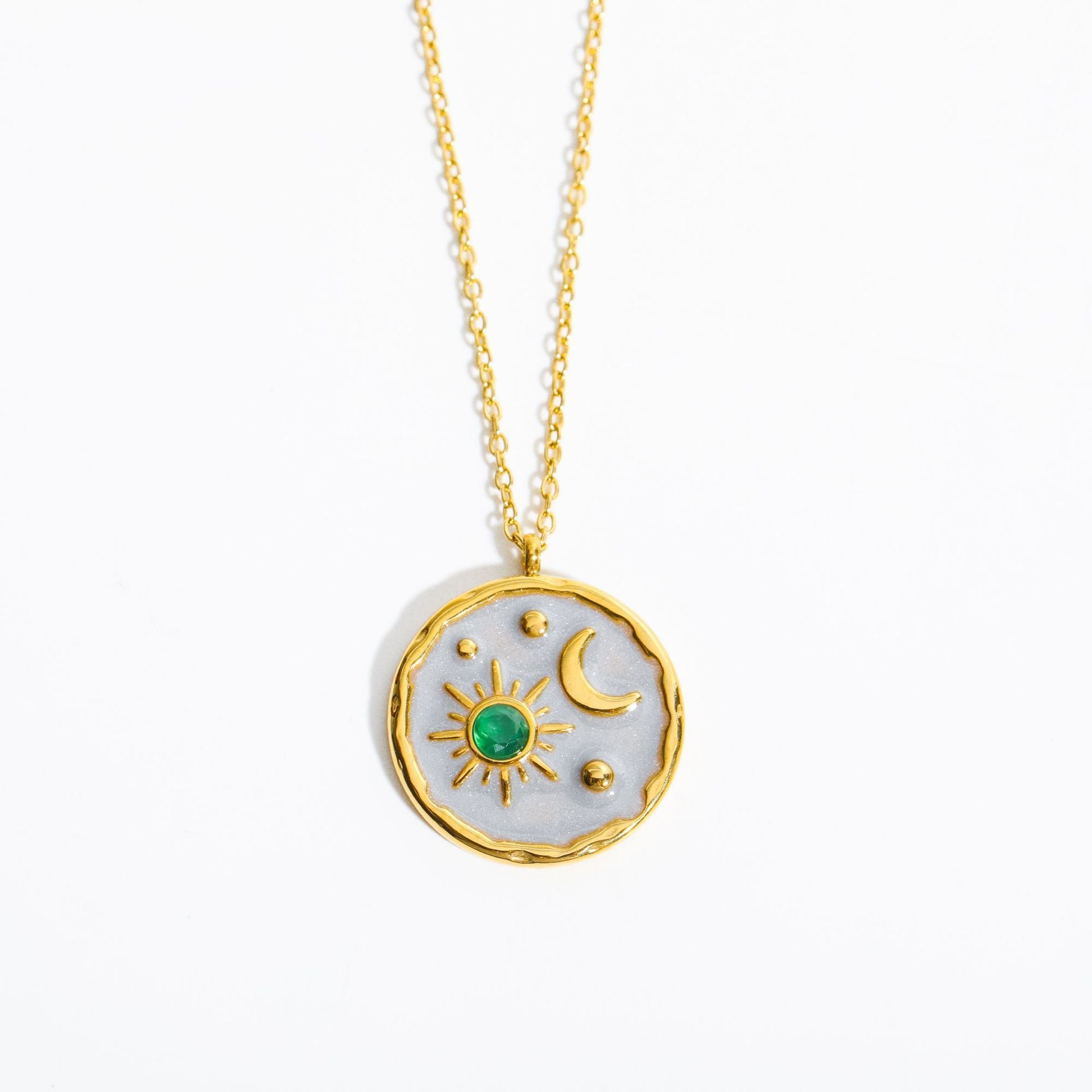 Sun and Moon Celestial Necklace Collection – Gold-Plated Cosmic Pendant with Gemstone Accent