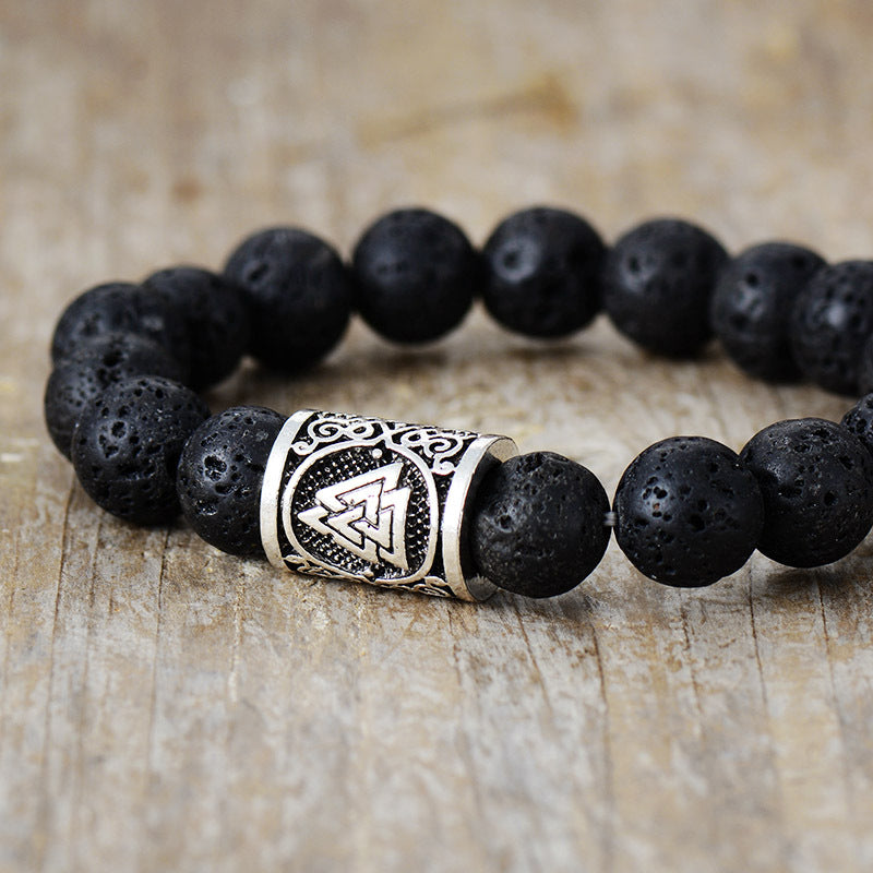 Lava Stone Protection Bracelet with Valknut Symbol