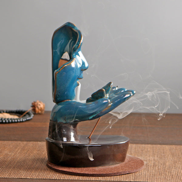 Teal Backflow Incense Burner with Face and Hand Design – Artistic Aromatherapy for Meditation and Relaxation