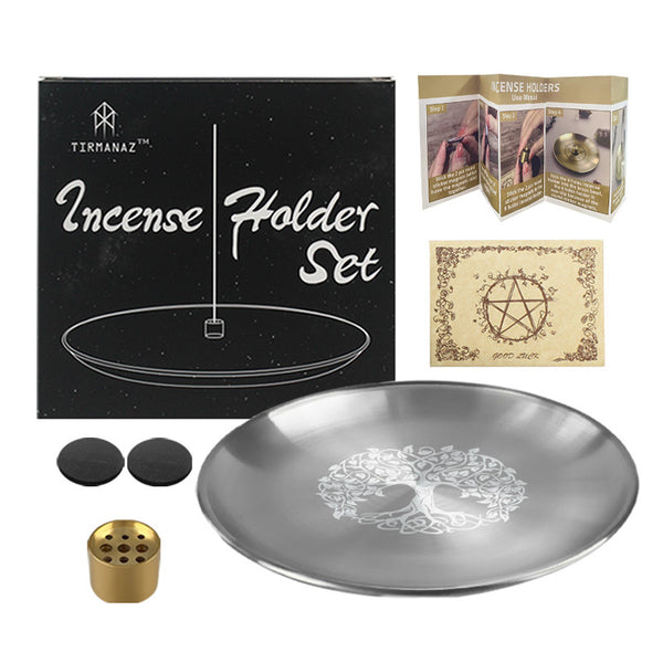 Tree of Life Engraved Incense Holder Set for Spiritual Cleansing and Meditation Rituals – Complete Kit with Charcoal Discs, Brass Holder, and Instruction Manual