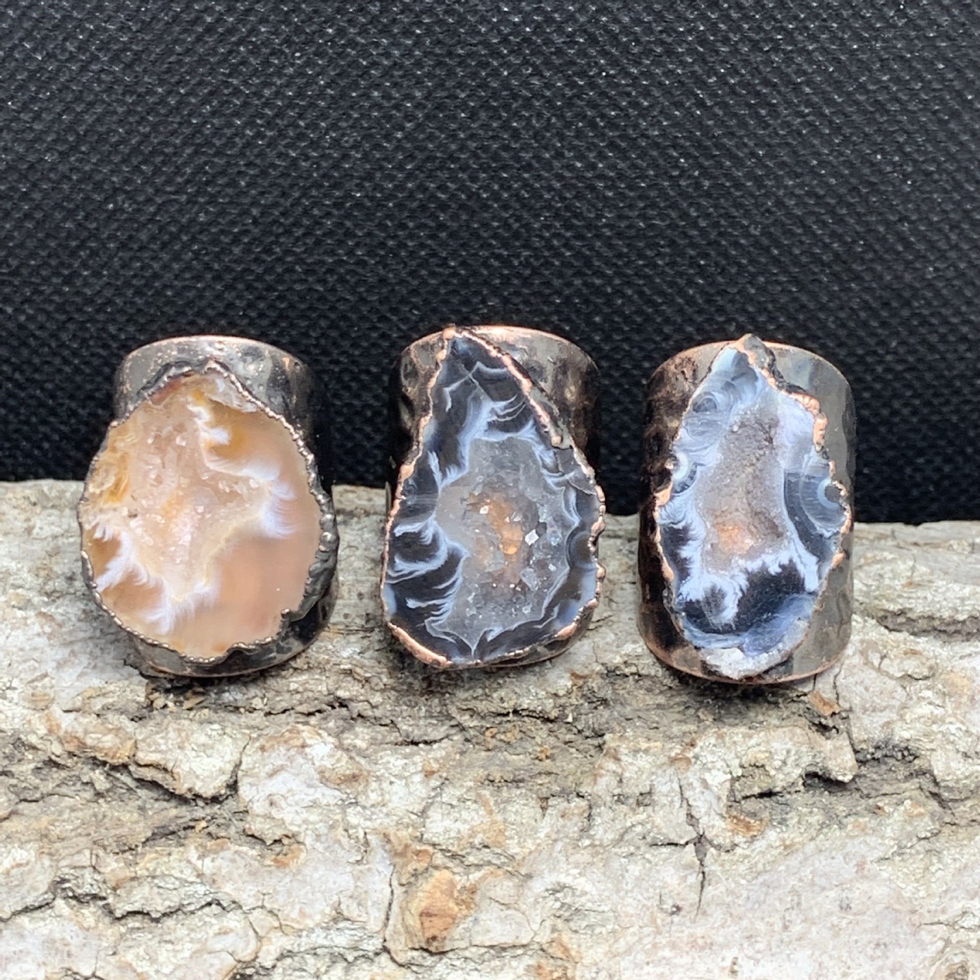 Vintage Geode Crystal Adjustable Ring Set – Unique Natural Stone Statement Rings