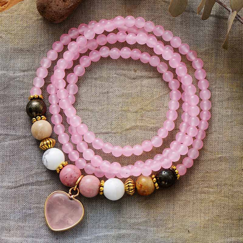 Rose Quartz Heart Chakra Necklace with Multi-Stone Beads for Emotional Healing