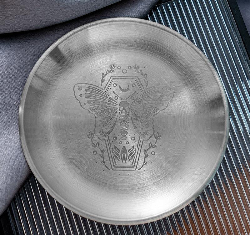 Intricately Etched Stainless Steel Altar Plate for Spiritual Rituals and Sacred Space Decor – 14cm Diameter, Featuring Unique Esoteric Designs