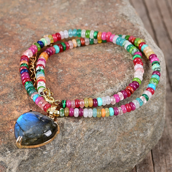 Multicolored Gemstone Beaded Necklace with Labradorite Heart Pendant for Spiritual Balance