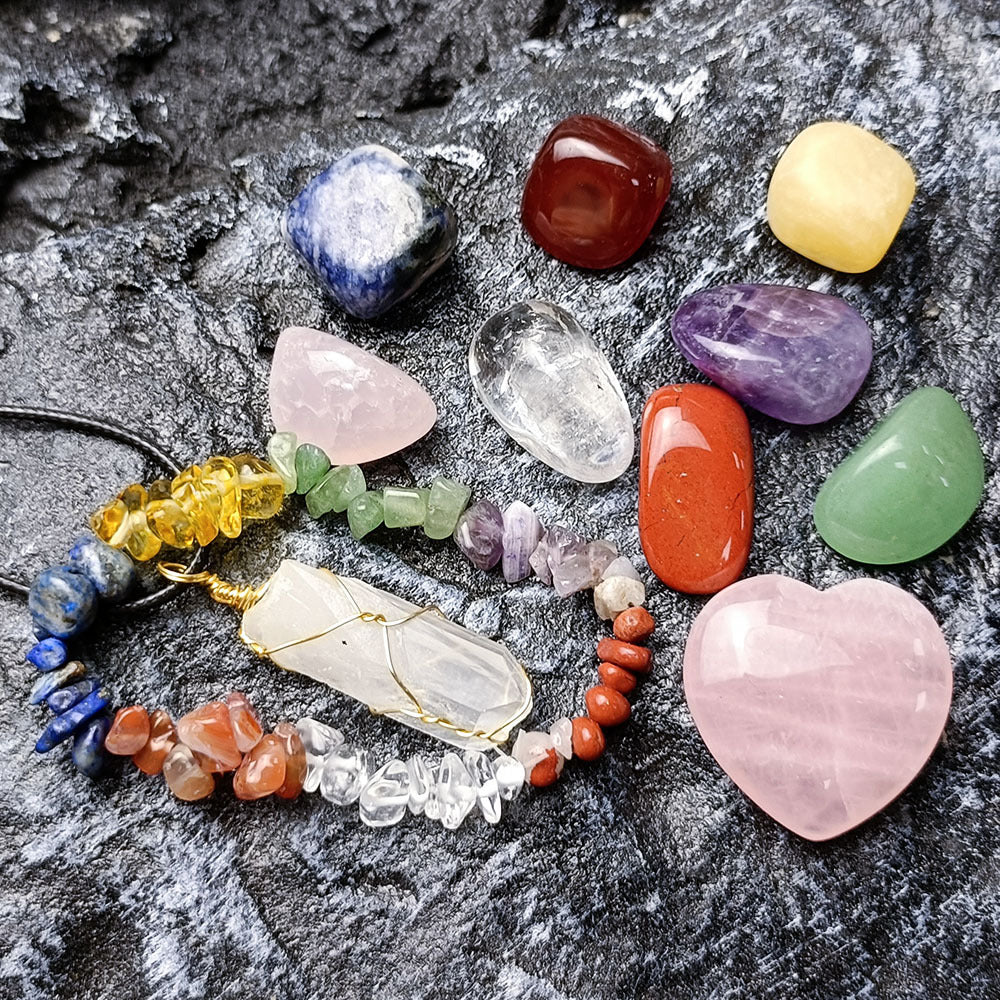 Healing Crystal Set with Rose Quartz Heart, Chakra Bracelet, and Tumbled Gemstones for Spiritual Healing, Meditation, and Energy Balancing