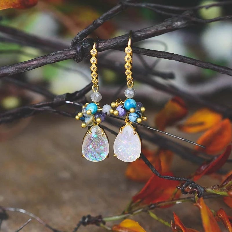 Handcrafted Opal and Turquoise Drop Earrings with Gold Accents for Spiritual Healing and Balance