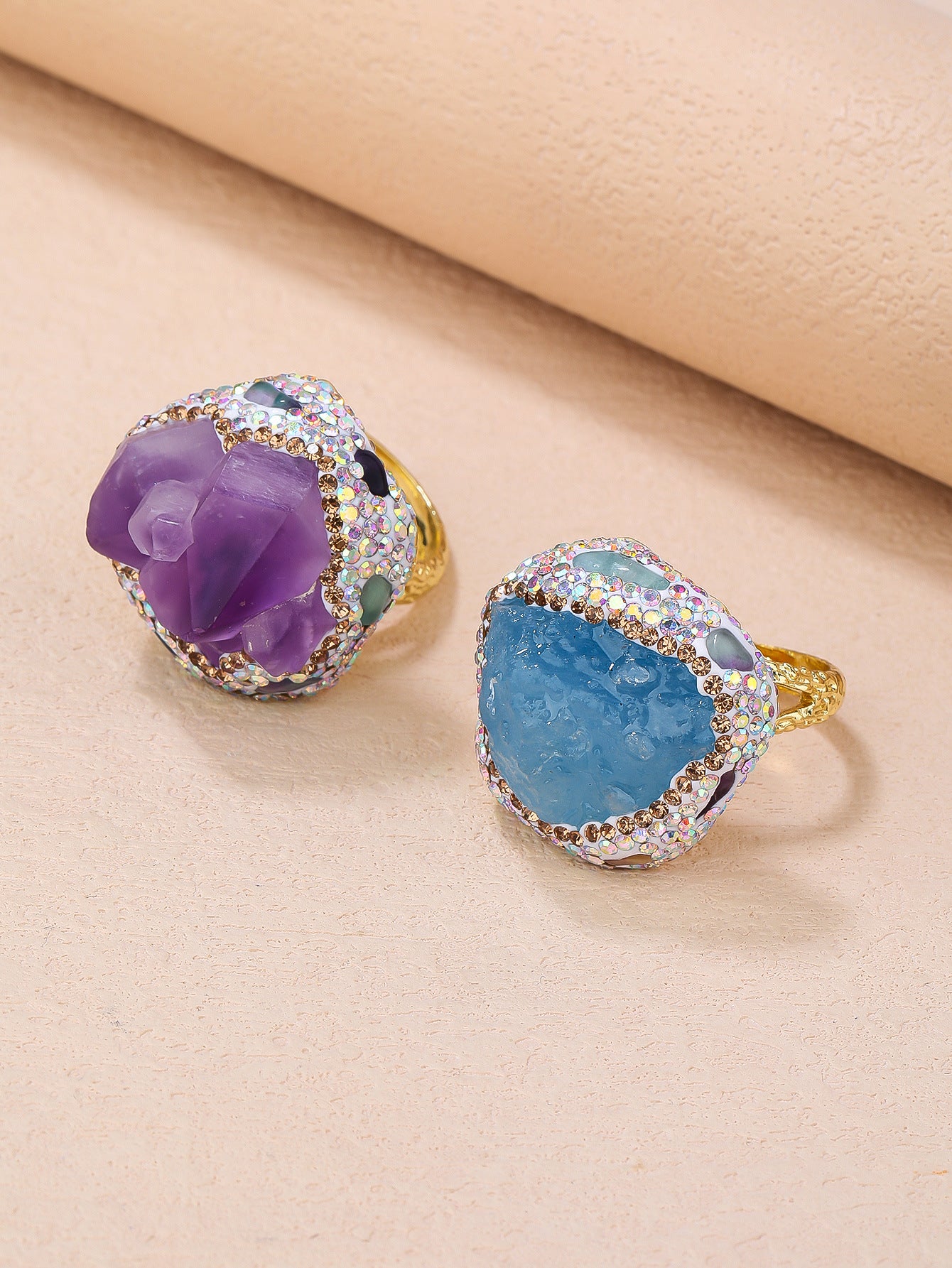 Exquisite  of Amethyst and Aquamarine Crystal Rings with Gold-Plated Band for Healing, Protection, and Calmness