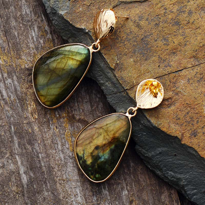 Earthy-Toned Labradorite Gemstone Earrings with Gold Accents for Spiritual Protection and Intuitio