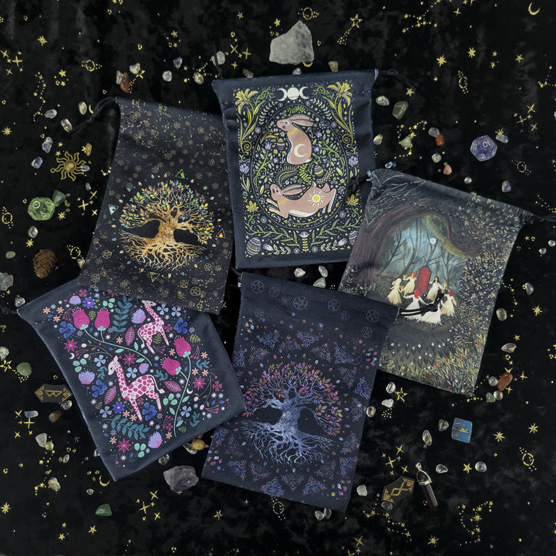 Mystical Moon & Nature Themed Velvet Drawstring Pouches for Tarot Cards and Spiritual Accessories