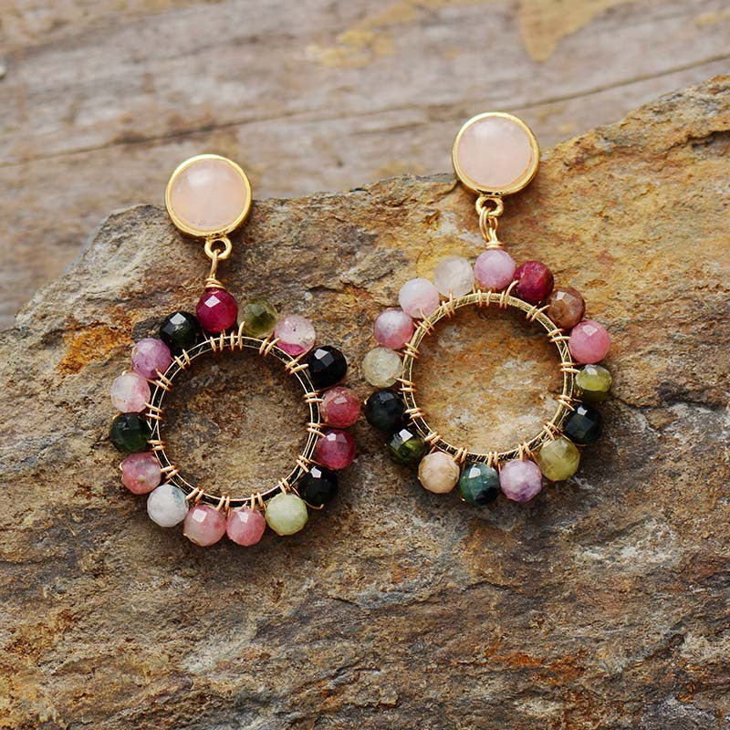 Multi-Gemstone Circle Hoop Earrings with Gold Accents for Chakra Balancing and Energy Alignment