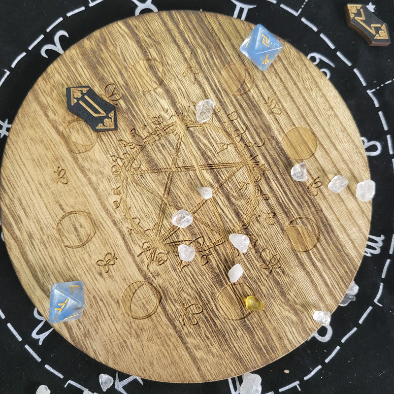 Wooden Pentacle Altar Plate with Moon Phases – Sacred Ritual Tool for Wiccan and Pagan Practices