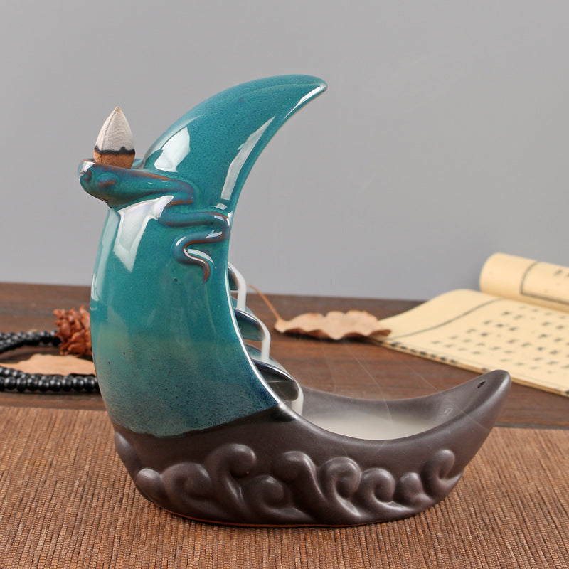 Crescent Moon Backflow Incense Burner in Teal and Black – Mystical Aromatherapy for Meditation and Spiritual Cleansing