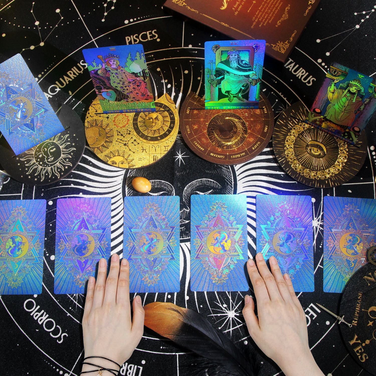 Holographic Tarot Deck for Cosmic Guidance and Spiritual Alignment - 78 Card Set with Celestial Designs and Guidebook