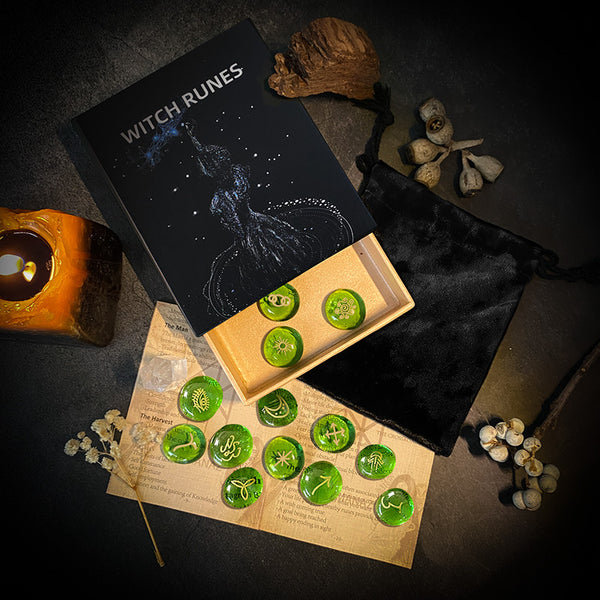 Witch Rune Set with Green Glass Stones – Divination Tools for Spiritual Guidance, Magic, and Rituals