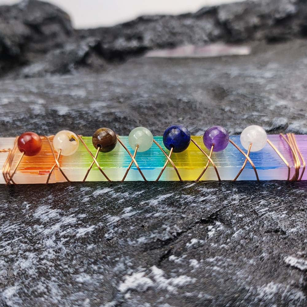 Rainbow Selenite Chakra Healing Wand with Crystal Stones – Energy Balancing Tool for Spiritual Wellness and Meditation