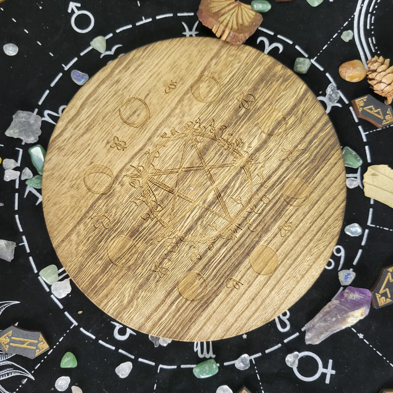 Wooden Pentacle Altar Plate with Moon Phases – Sacred Ritual Tool for Wiccan and Pagan Practices