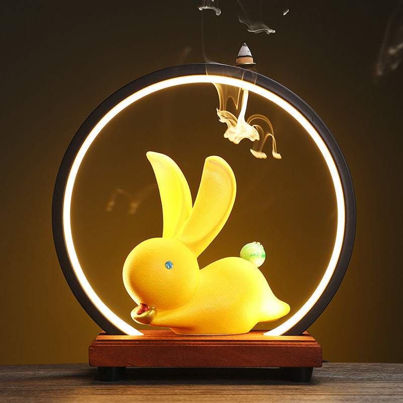 Zen Circle Incense Burner with LED Light and Feng Shui Rabbit Ornament – Spiritual Decor for Meditation and Relaxation