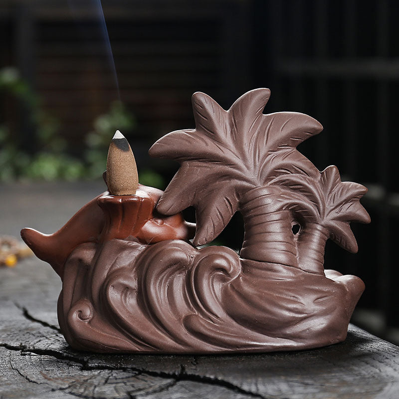 Dolphin and Palm Tree Backflow Incense Burner for Meditation, Relaxation, and Coastal Zen Decor