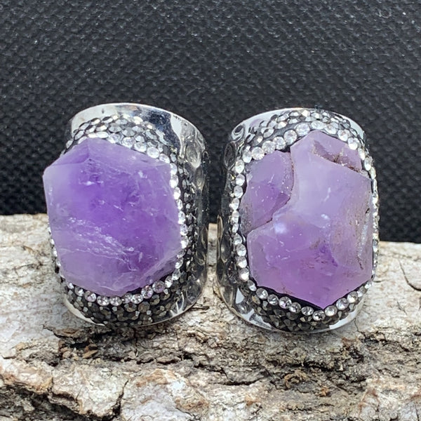 Amethyst Crystal Healing Ring with Silver Accents - Spiritual Energy Jewelry