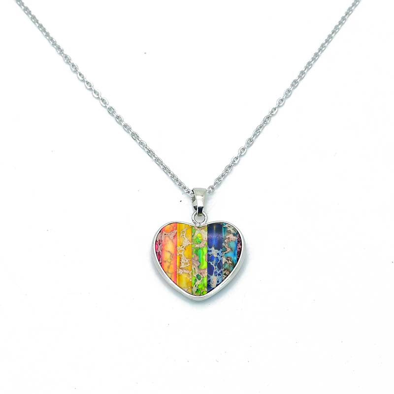 Chakra Healing Heart Pendant Necklace with Rainbow Gemstones for Spiritual Balance