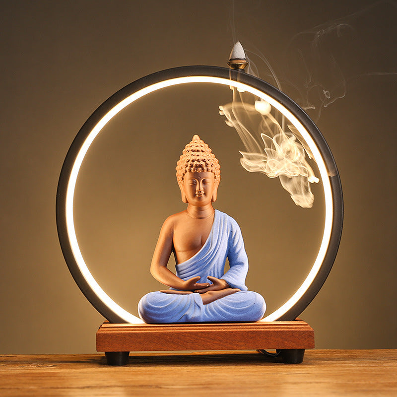 Illuminated Buddha Backflow Incense Burner with LED Halo – Serene Aromatherapy and Meditation Decor