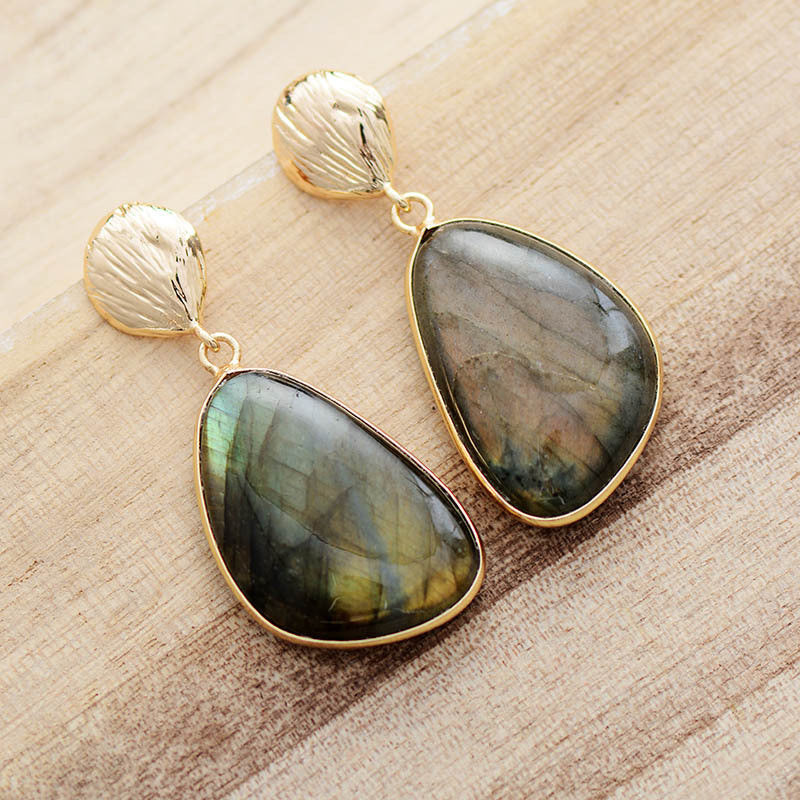 Earthy-Toned Labradorite Gemstone Earrings with Gold Accents for Spiritual Protection and Intuitio