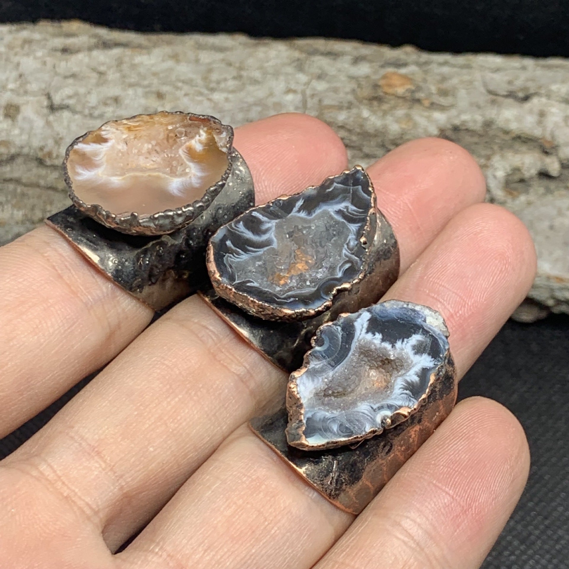 Vintage Geode Crystal Adjustable Ring Set – Unique Natural Stone Statement Rings