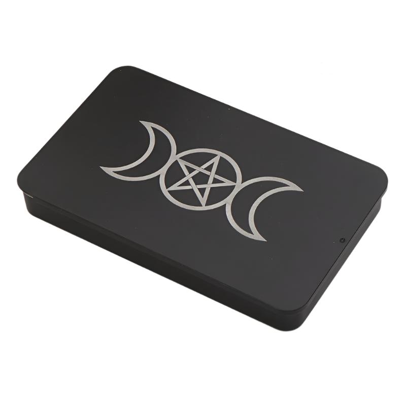 Mystical Zodiac and Sacred Cat Design Black Metal Storage Box – Ideal for Safely Storing Tarot Cards, Crystals, and Essential Spiritual Tools for the Modern Practitioner