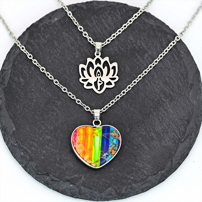 Rainbow Chakra Healing Heart Necklace with Lotus Flower Pendant - Spiritual Energy Jewelry