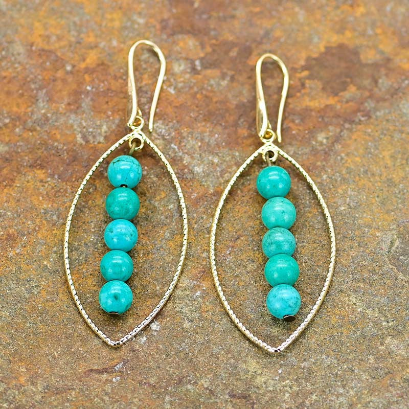 Handcrafted Turquoise Bead Dangle Earrings with Gold-Plated Marquise Frames for Spiritual Protection and Balance