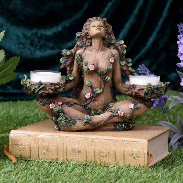 Earth Goddess Tea Light Candle Holder - Hand-Painted Tree Woman Meditation Decor