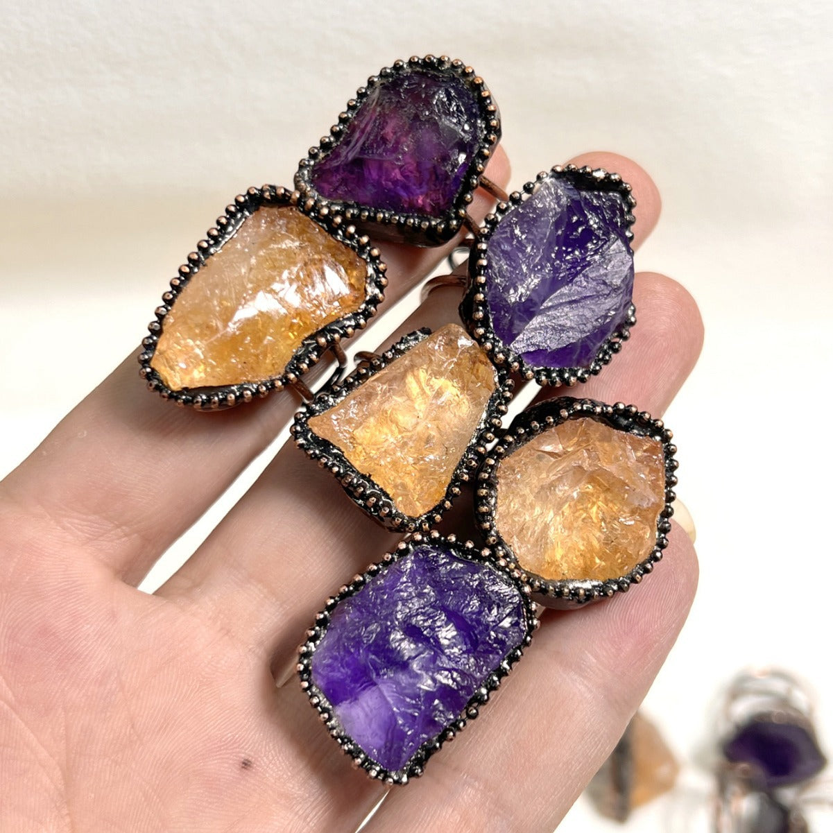 Dual Crystal Citrine and Amethyst Raw Stone Ring with Copper Band for Manifestation, Healing, and Spiritual Growth