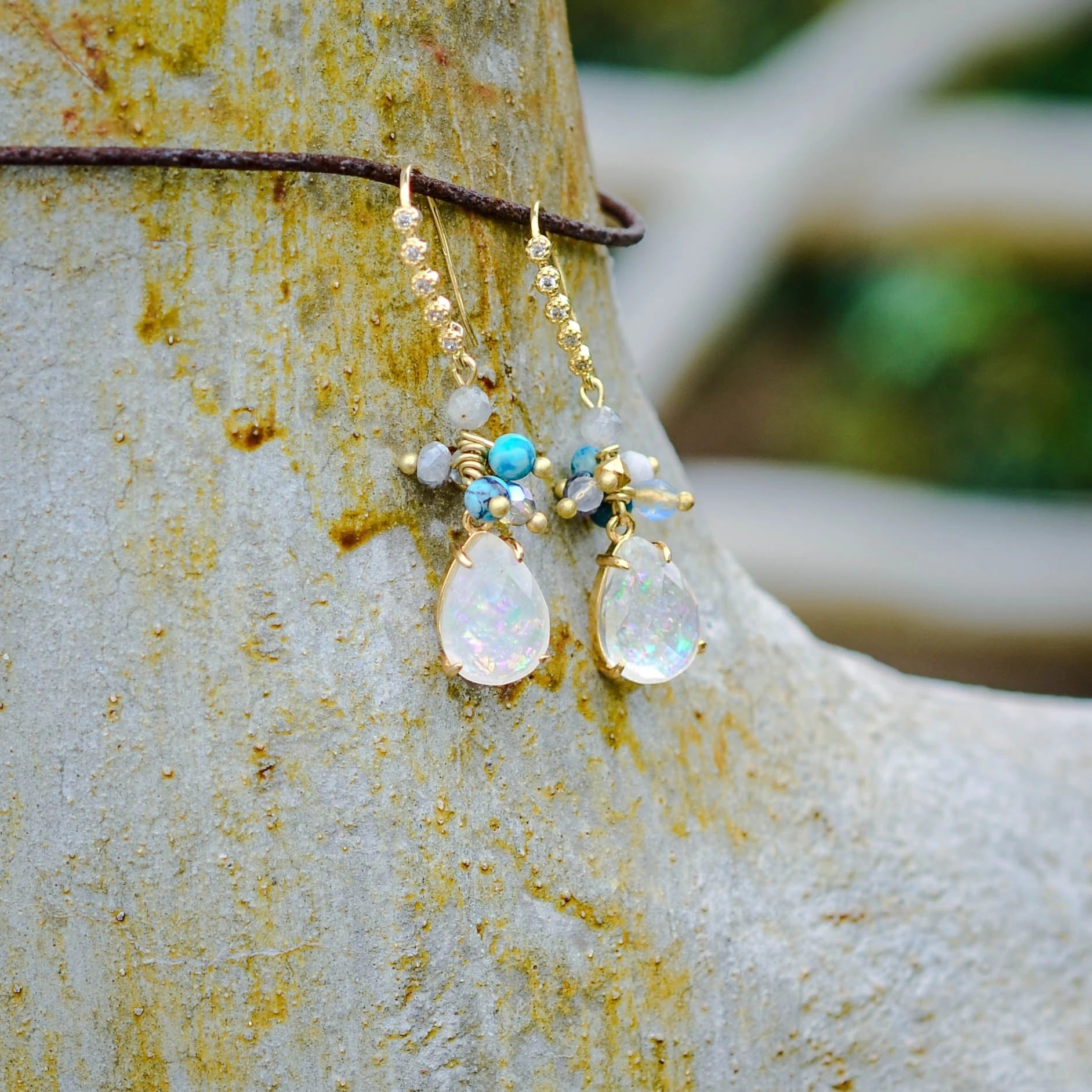 Handcrafted Opal and Turquoise Drop Earrings with Gold Accents for Spiritual Healing and Balance