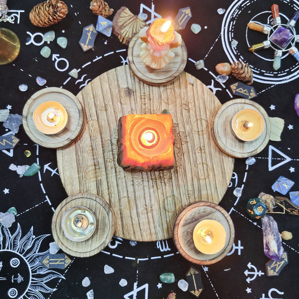 Handcrafted Wooden Altar Pentacle Plate with Engraved Symbolism for Wiccan and Pagan Rituals, Altar Setup, and Sacred Space Decor