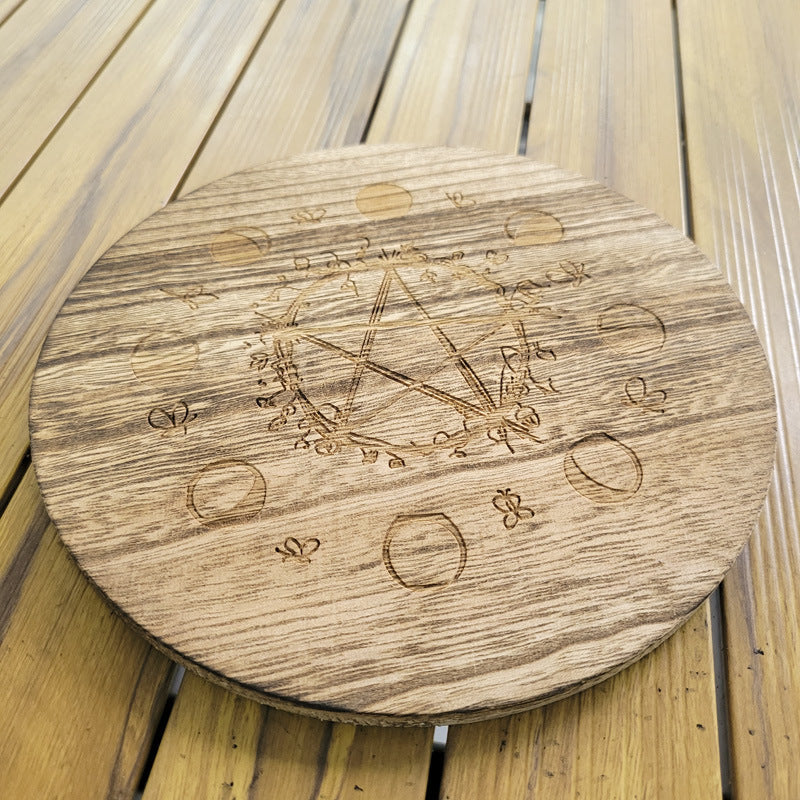 Wooden Pentacle Altar Plate with Moon Phases – Sacred Ritual Tool for Wiccan and Pagan Practices