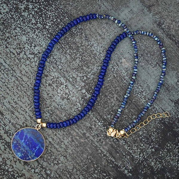 Lapis Lazuli Gemstone Necklace with Round Blue Pendant for Spiritual Healing and Meditation