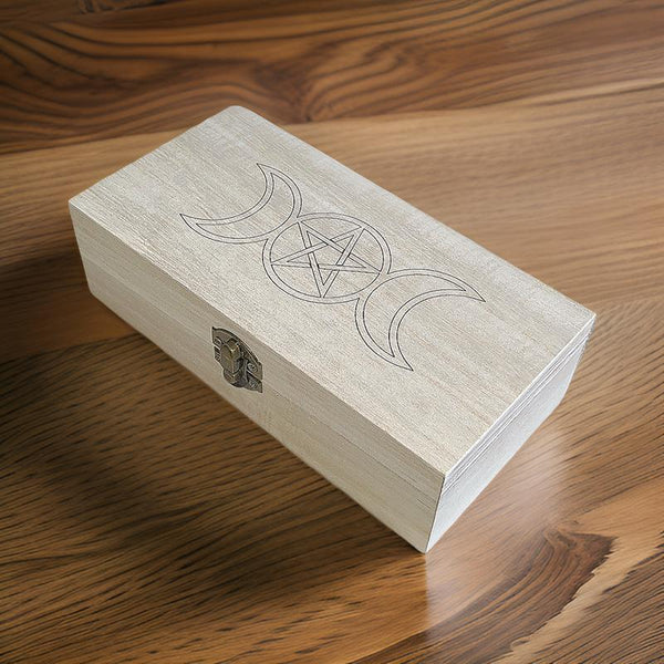 Triple Moon Pentagram Wooden Tarot Card Storage Box - 20cm Handcrafted Wiccan Altar Supply