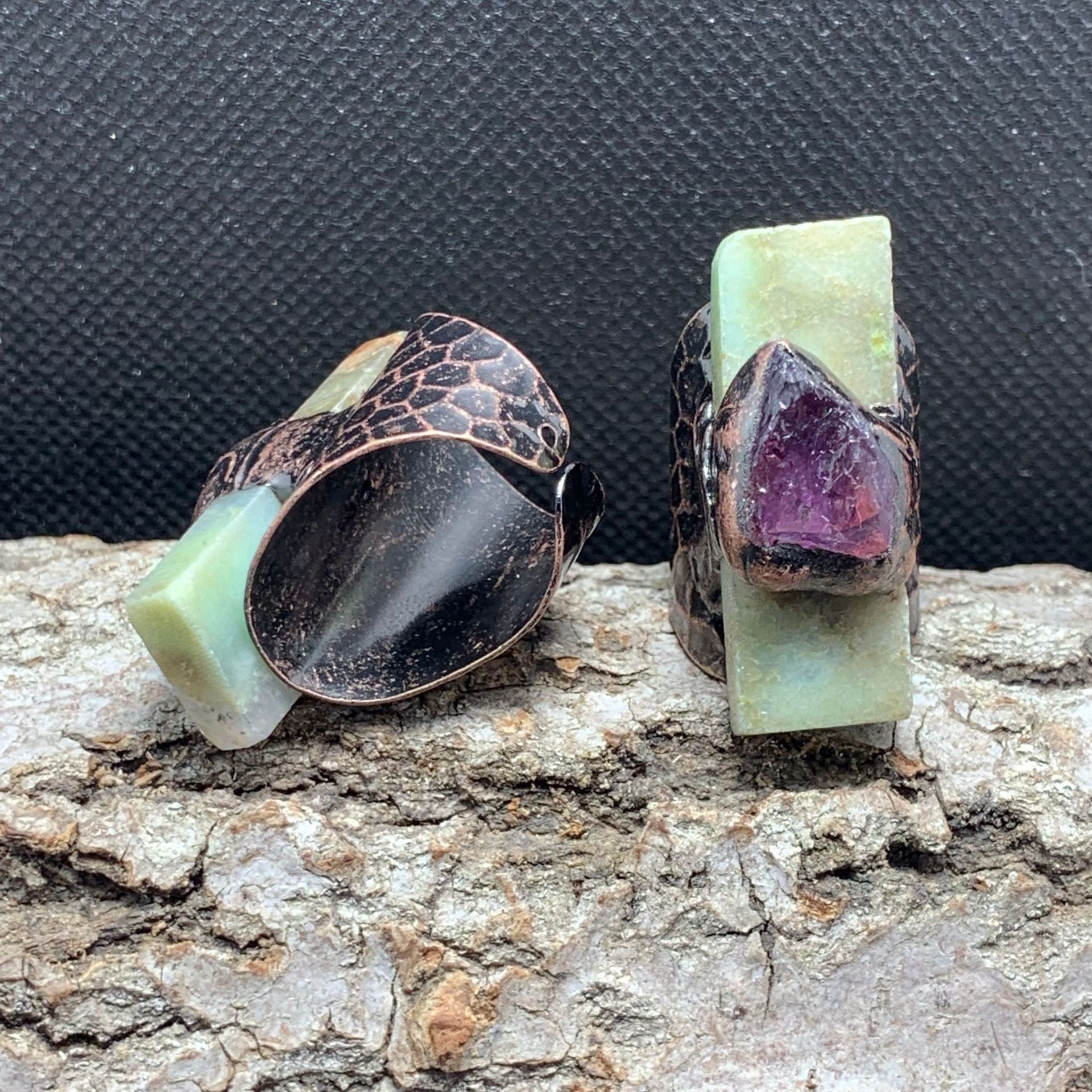 Raw Amethyst and Amazonite Copper Ring for Spiritual Healing and Balance